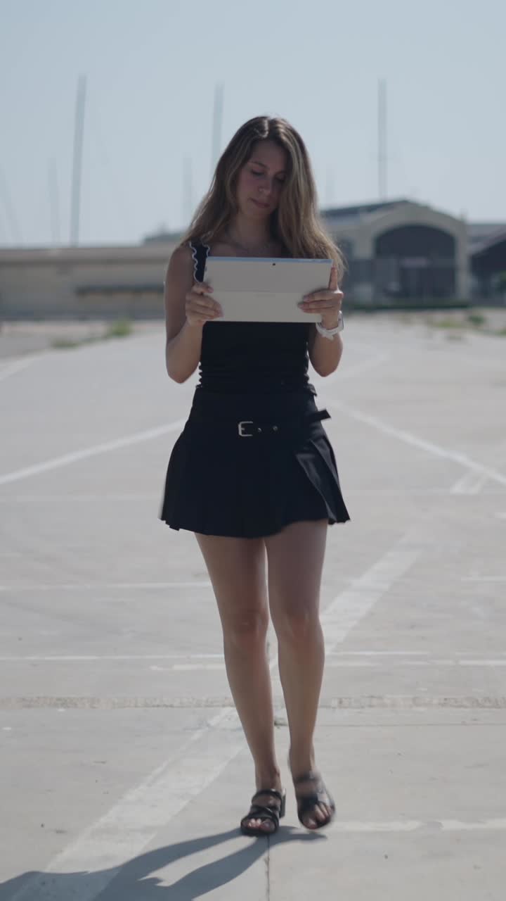 Donna che cammina all'aperto con un tablet