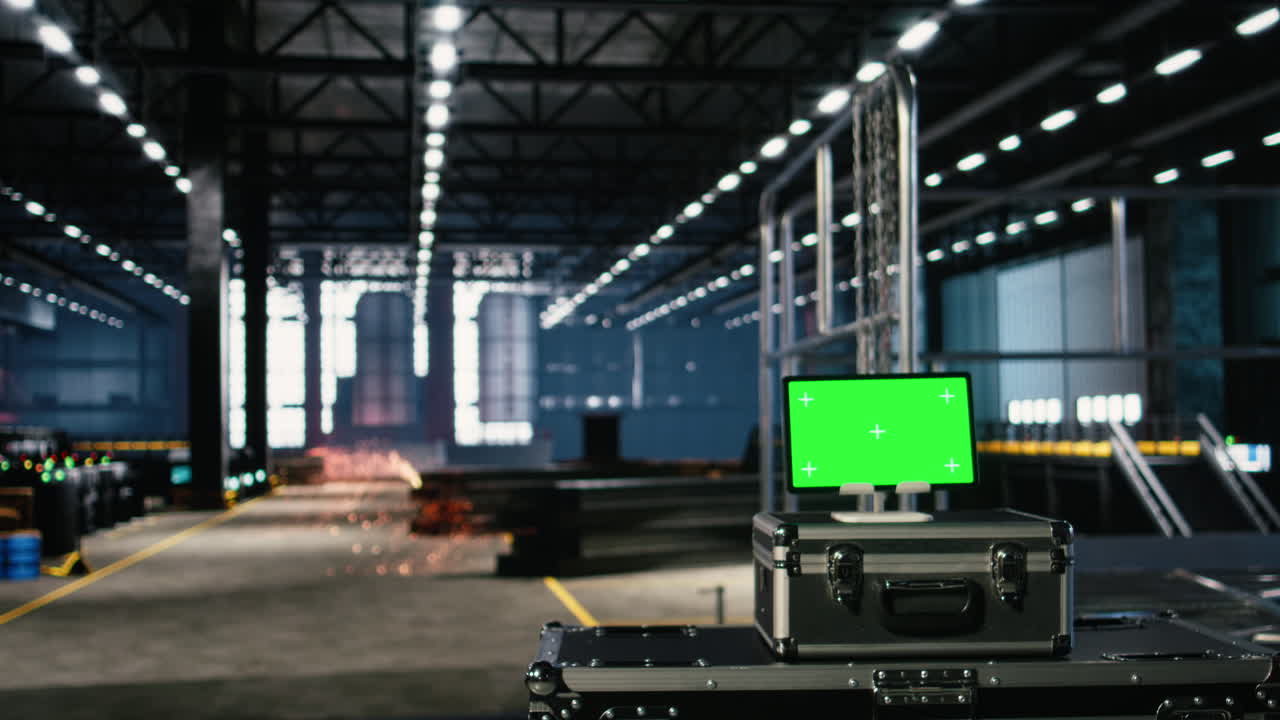 Green screen in empty industry hall with steel and mechanical equipment