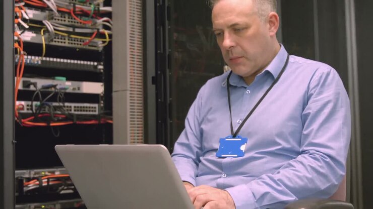 Technician using laptop to analyse server