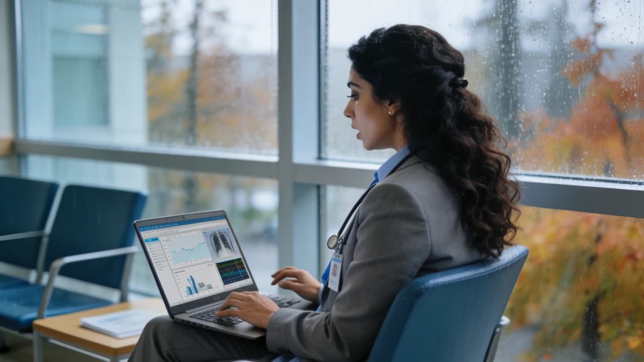 Typing doctor in blazer in clinic viewing laptop charts by rainy window, stethoscope, copy space
