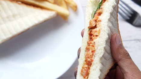 close-up of a handheld grilled cheese sandwich