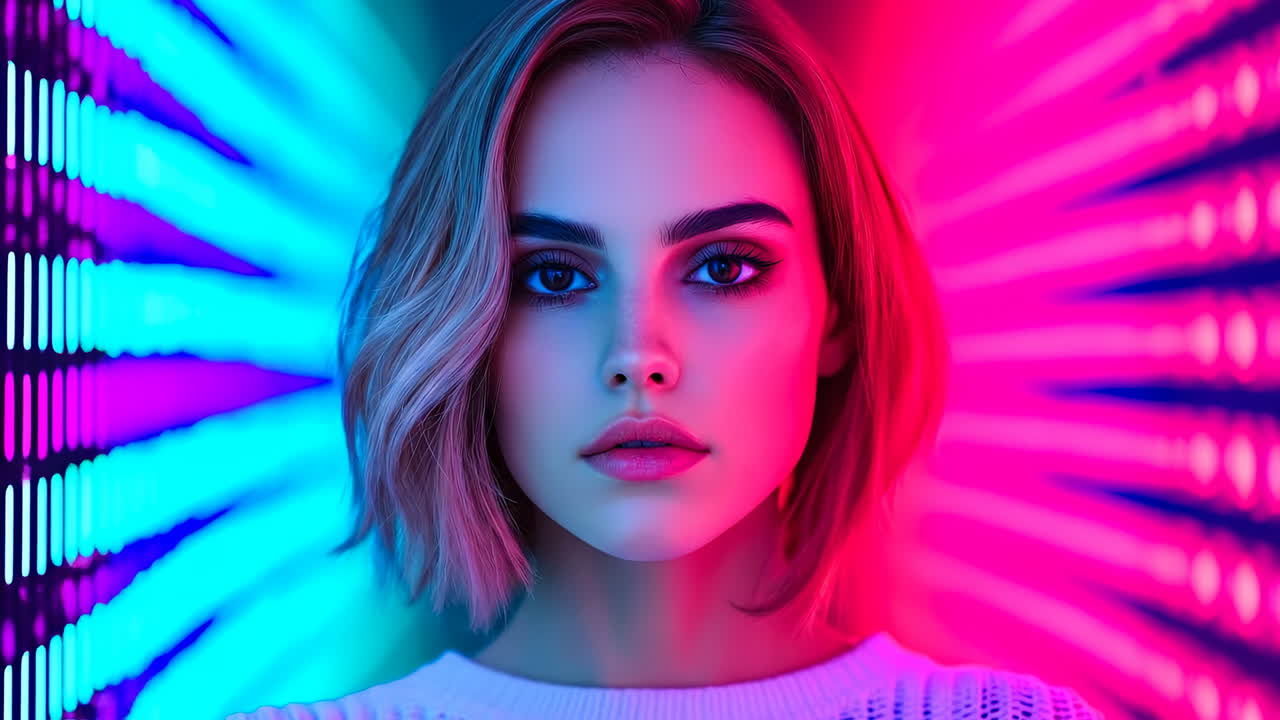 Colorful neon portrait of a woman. A young woman poses in front of colorful neon lights, showcasing a confident expression and stylish look