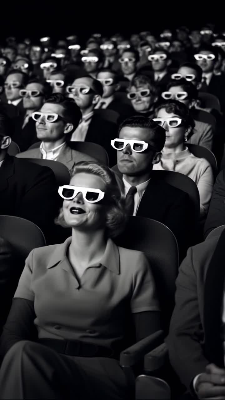 Black and white vintage-style photo of an audience wearing 3D glasses, shot from the front