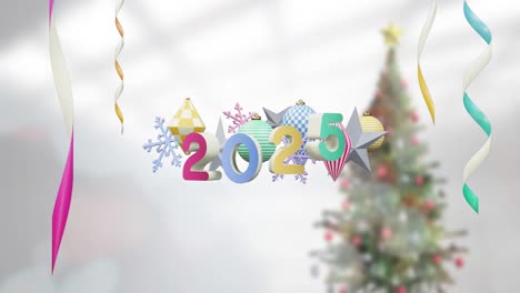 Animation-of-2025-text-and-christmas-decorations-in-background