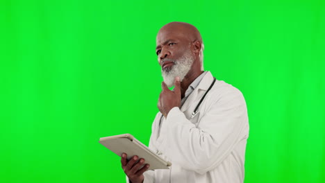 Tablet,-green-screen-and-doctor-thinking-isolated