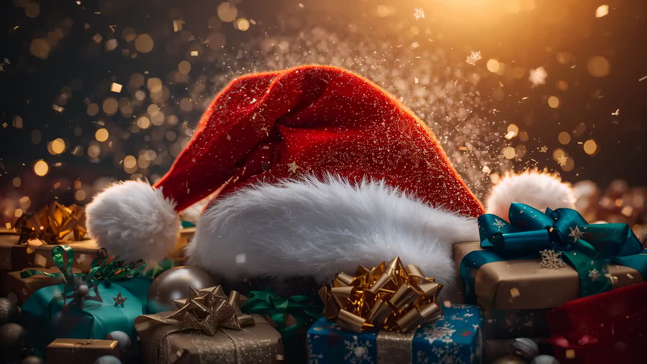 Opening on tabletop red Santa hat sparkling, right bokeh lighting wrapped gifts, evoking warmth