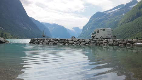 family vacation travel rv, holiday trip in motorhome. beautiful nature norway natural landscape.