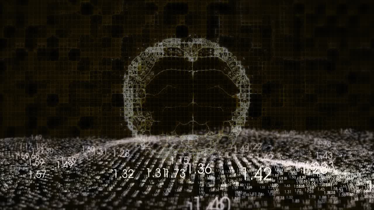On start numeric plane rippling and shifting, brain outline rising and rotating showing data flow