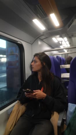 mujer viajando en tren