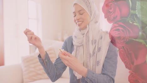 animación de rosas rojas sobre mujer biracial en hijab sonriendo y usando perfume