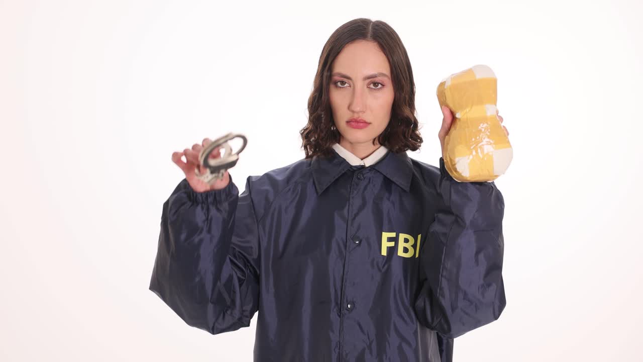 Woman in FBI Jacket Holding Evidence and Handcuffs