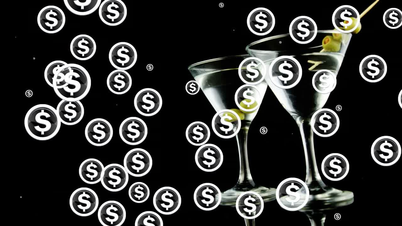 Animazione di icone del dollaro che fluttuano su un bicchiere di Martini su sfondo nero