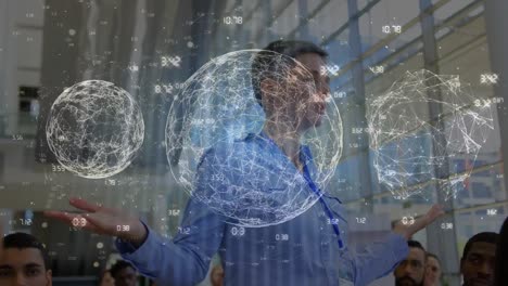 Animation-of-globes-with-connections-and-data-processing-over-diverse-business-people-in-office