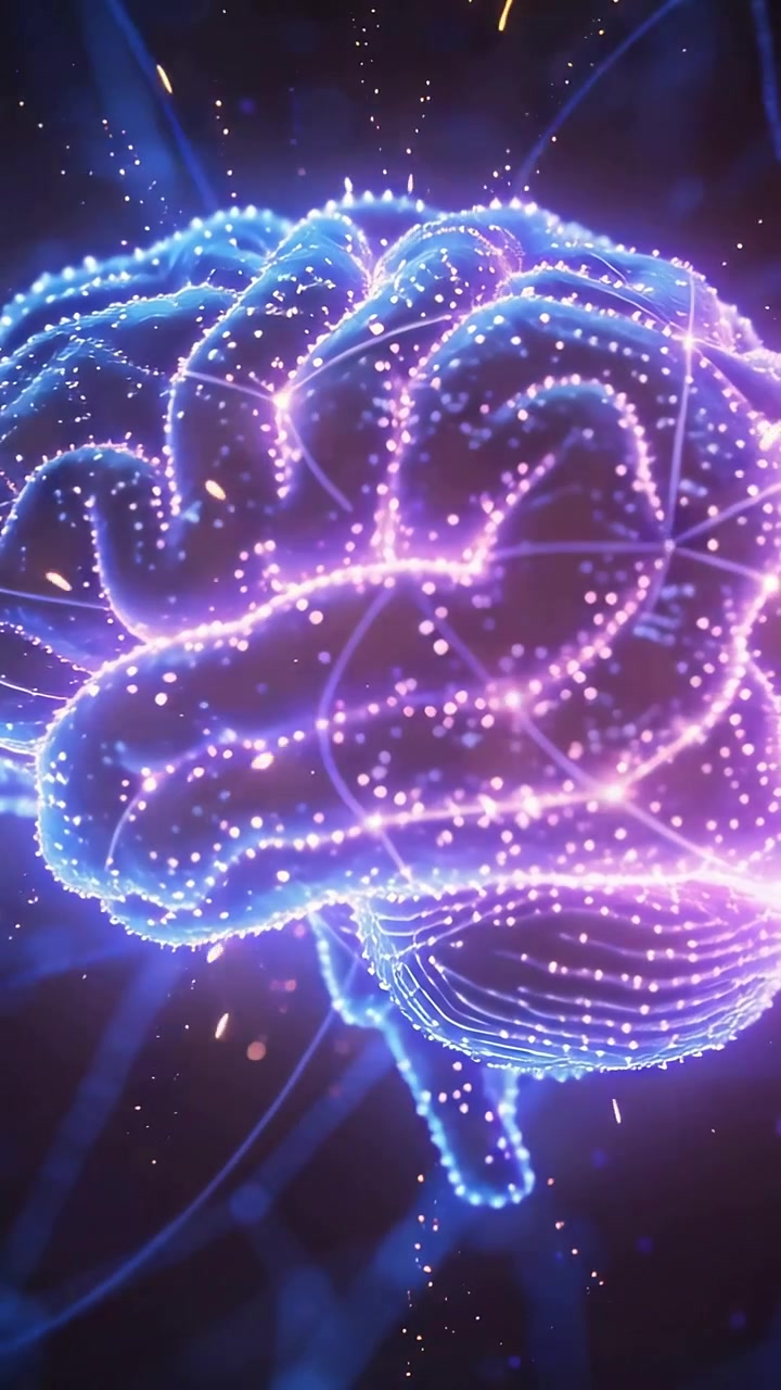 Vertical video: Signal firing 3D brain pulsing and tracing paths with gold sparks in virtual net