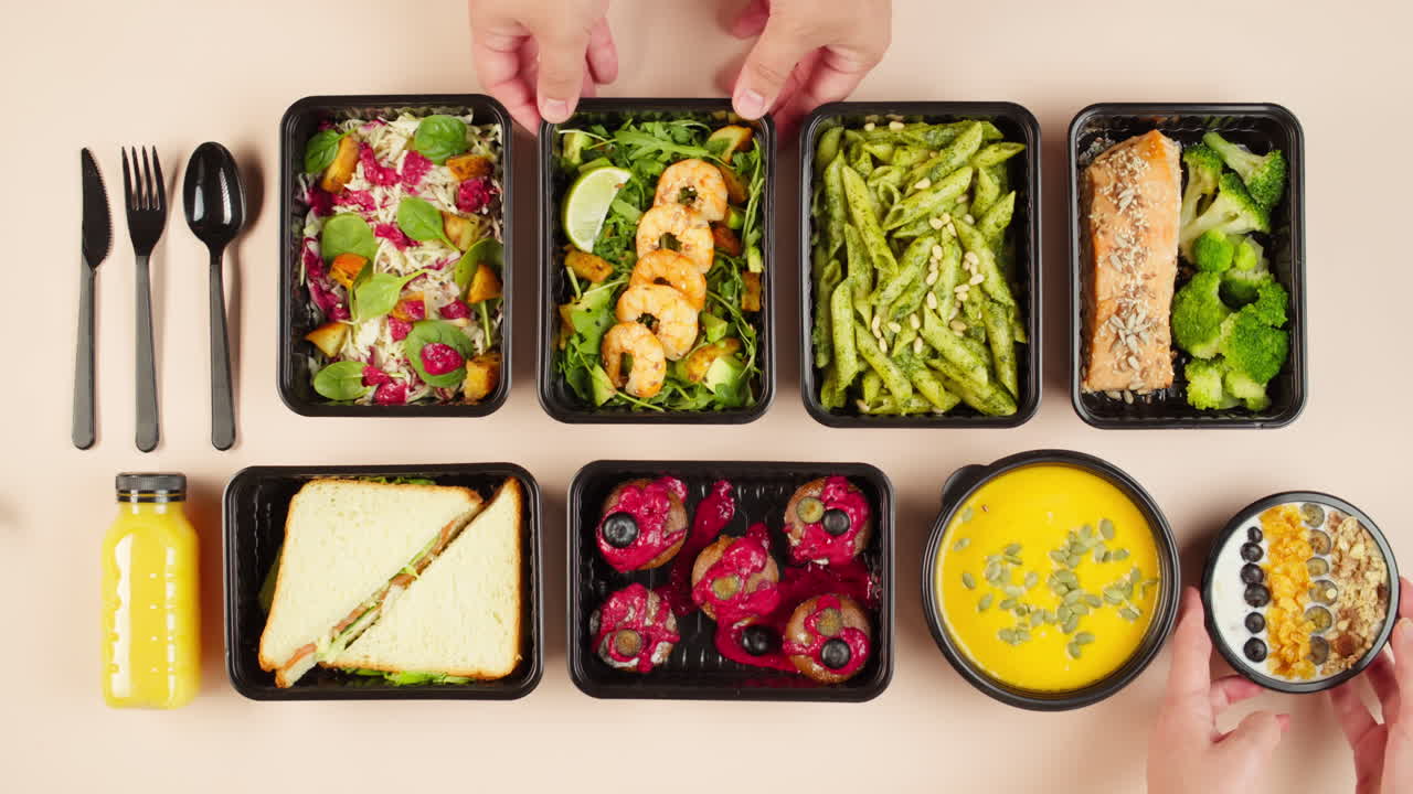 Assortment of Healthy Meal Prep Containers Being Placed on Table