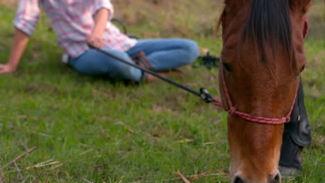 horse eating grass next to a woman