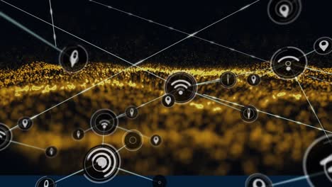 Animation-of-network-of-connections-with-icons-over-glowing-gold-mesh