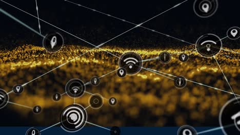 animation of network of connections with icons over glowing gold mesh