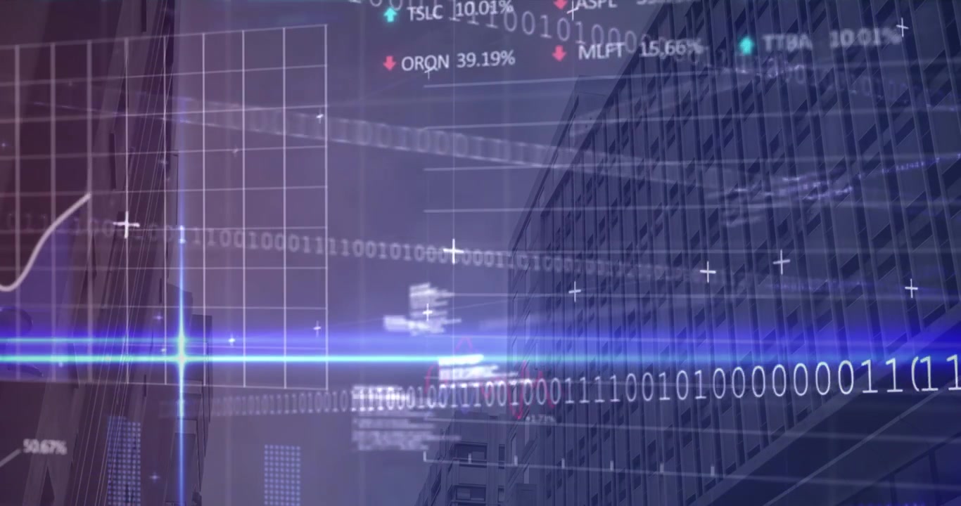 Animazione digitale di un display del mercato azionario con dati economici globali