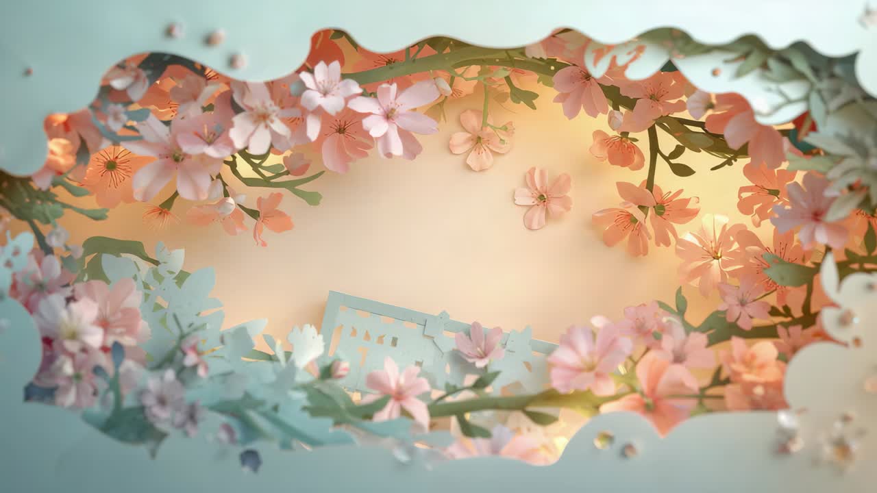 Shifting scallop edges revealing layered paper scene in set creating depth, peach blossoms floating