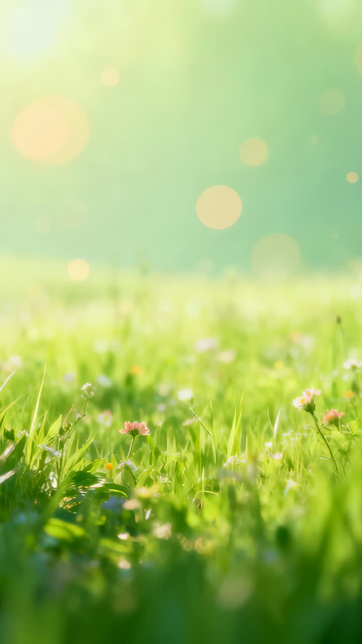Vídeo vertical: Câmera refocando grama e trevo de prado balançando com vento suave e sol, bokeh