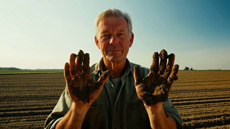 Mature Man With Muddy Hands Field, Sunlit Rows Stretching To Horizon, Weathered Palms Held Forward Revealing
