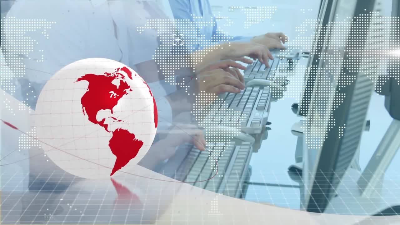 animación del globo y el mapa del mundo sobre personas de negocios que usan auriculares de teléfono