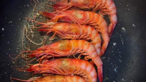 frying fresh shrimps in a hot pan, cooking fresh catch seafood, 4k shot