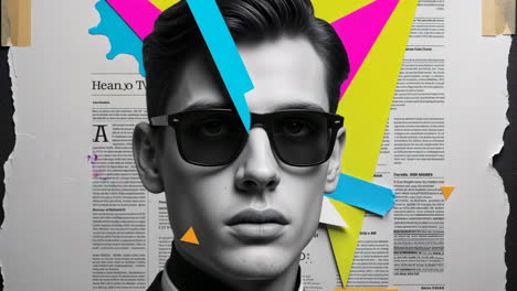 stylized portrait of a person in sunglasses with abstract text background