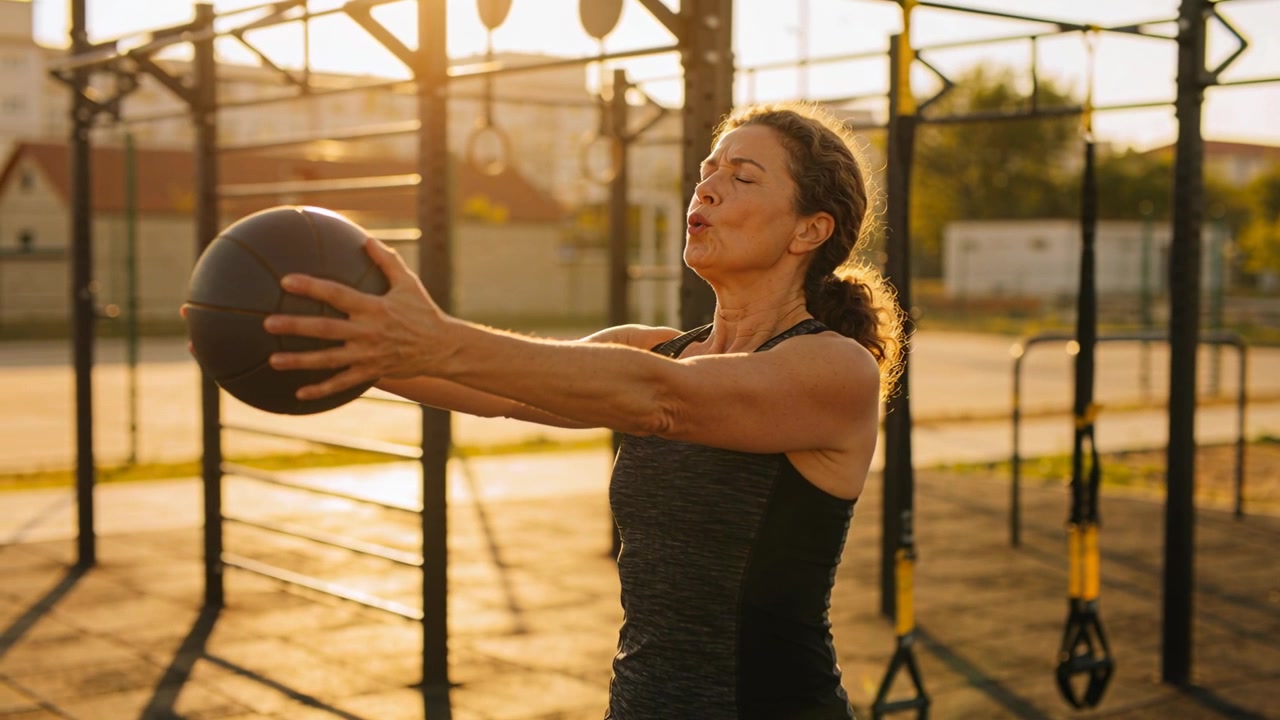 Donna in canotta che respira, mentre tiene una palla medica presso una struttura da allenamento all'aperto con cinghie TRX per l'allenamento della forza.