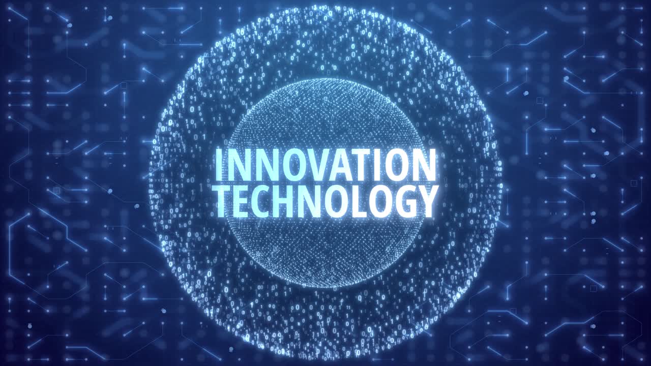 Innovations-Technologie-Konzept über Matrix-Kugel auf Schaltkreis-Hintergrund. Zufallszahlen in Form einer Kugel über blauem Schaltkreis-Hintergrund.