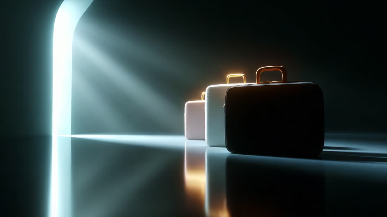 A captivating scene featuring three stylish suitcases standing in a dramatic light, casting reflections on a smooth surface as they intersect with rays of light shining through an archway, creating a mysterious atmosphere