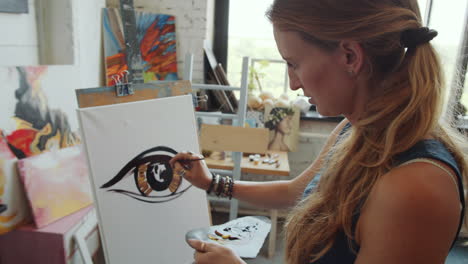 woman painting a portrait of an eye in an art studio