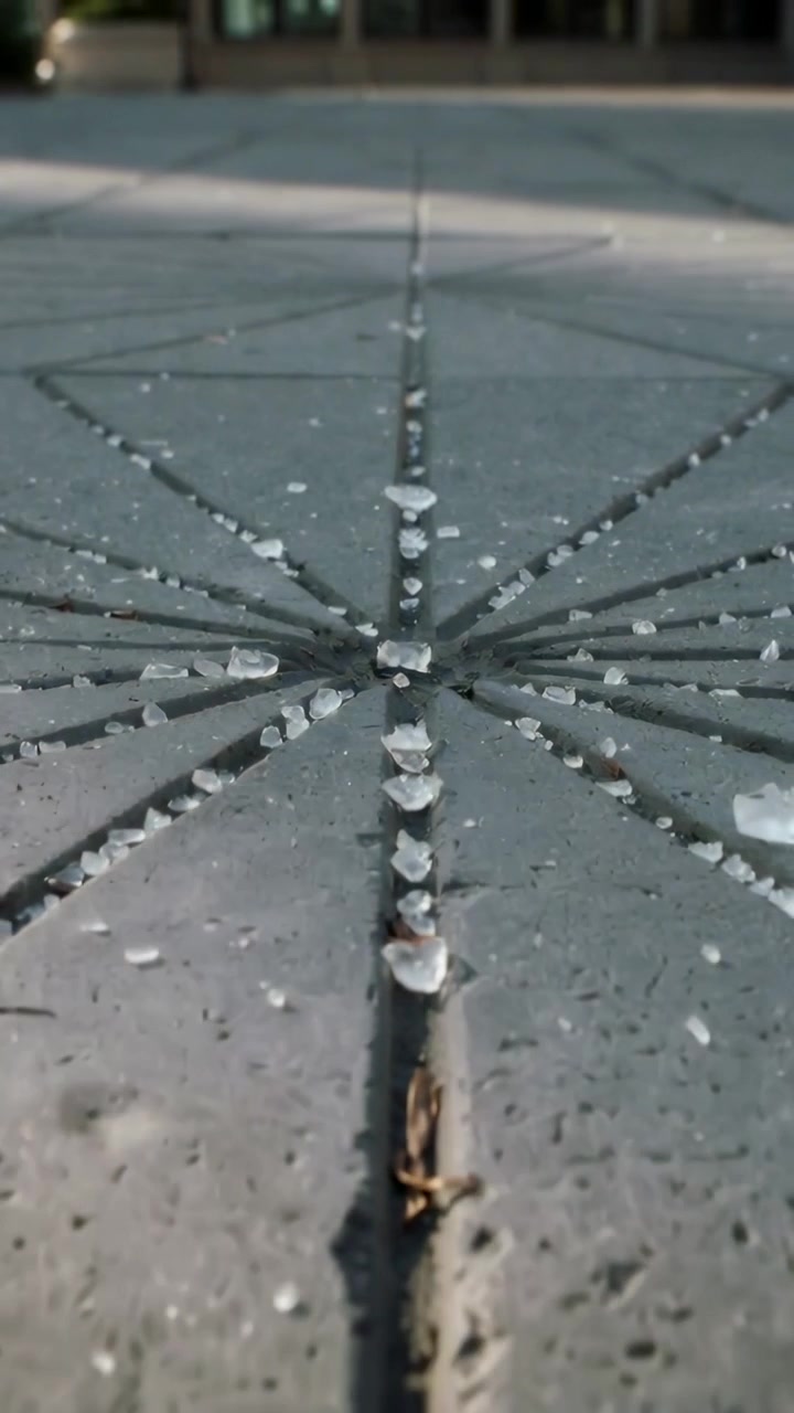 Video verticale: Telecamera che si allontana dopo un primo piano su una piazza, rivelando frammenti di vetro trasparente su una giuntura.