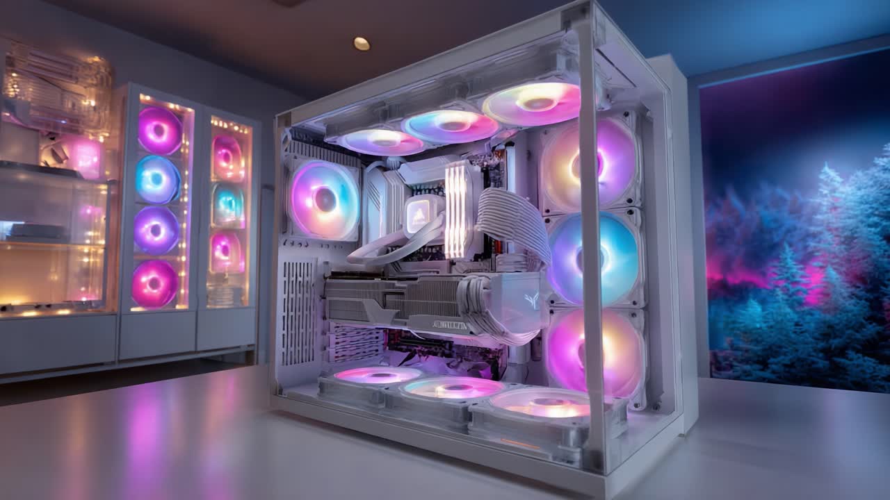 Stunning Computer Build Featuring an Aesthetic Case with RGB Lighting Showcasing Advanced Cooling and Powerful Components in a Modern Setup