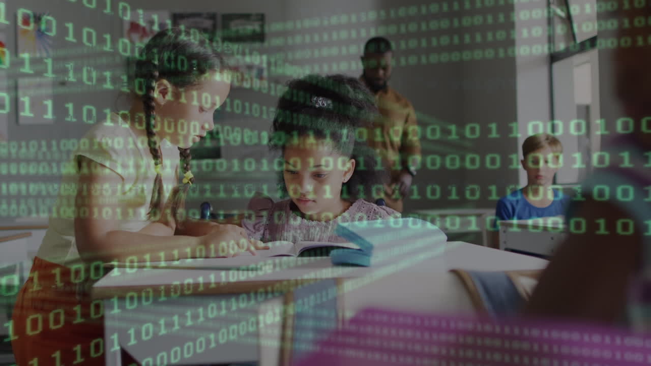 Animation of data processing over diverse schoolchildren and teacher in classroom