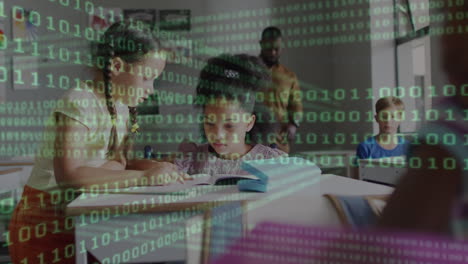 animation of data processing over diverse schoolchildren and teacher in classroom