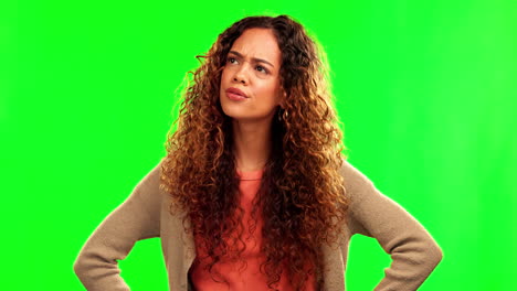 confused, frustrated and woman in green screen