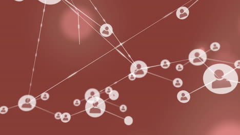 animación de la red de conexiones con iconos sobre puntos de luz en fondo rojo