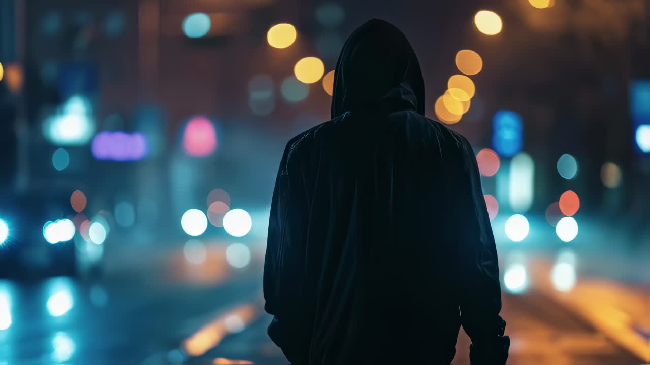 Person in a hoodie walking at night in a city