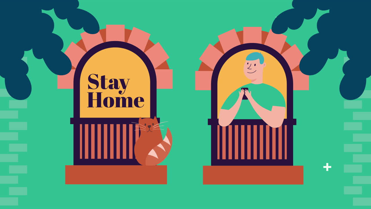 아파트 창문에서 스마트폰과 고양이를 사용하는 남자 집에 머물 캠페인