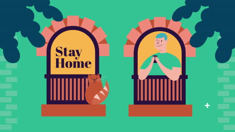 man using smartphone and cat in apartment window stay home campaign