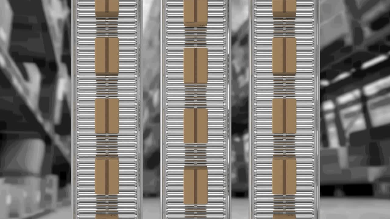 창고 위에서 컨베이어 벨트에 움직이는 카드보드 상자의 애니메이션