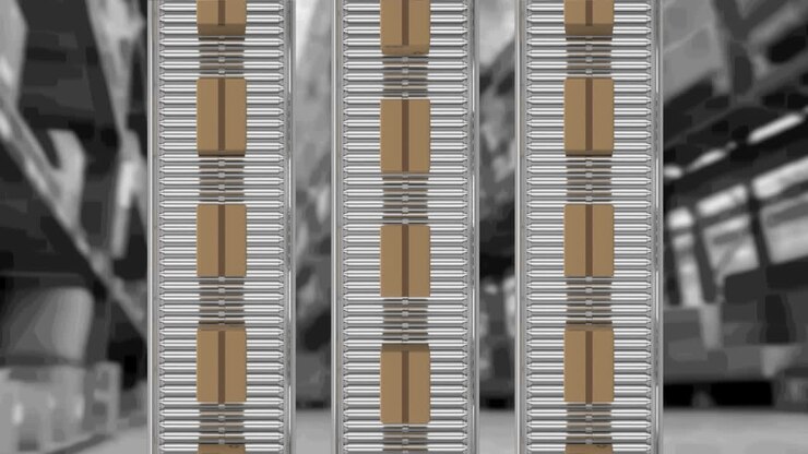 Animation of cardboard boxes moving on conveyor belts over warehouse