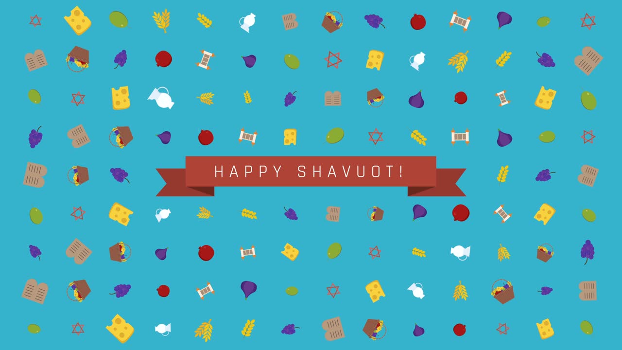 전통적인 기호와 영어 텍스트를 가진 shavuot holiday flat 디자인 애니메이션 배경