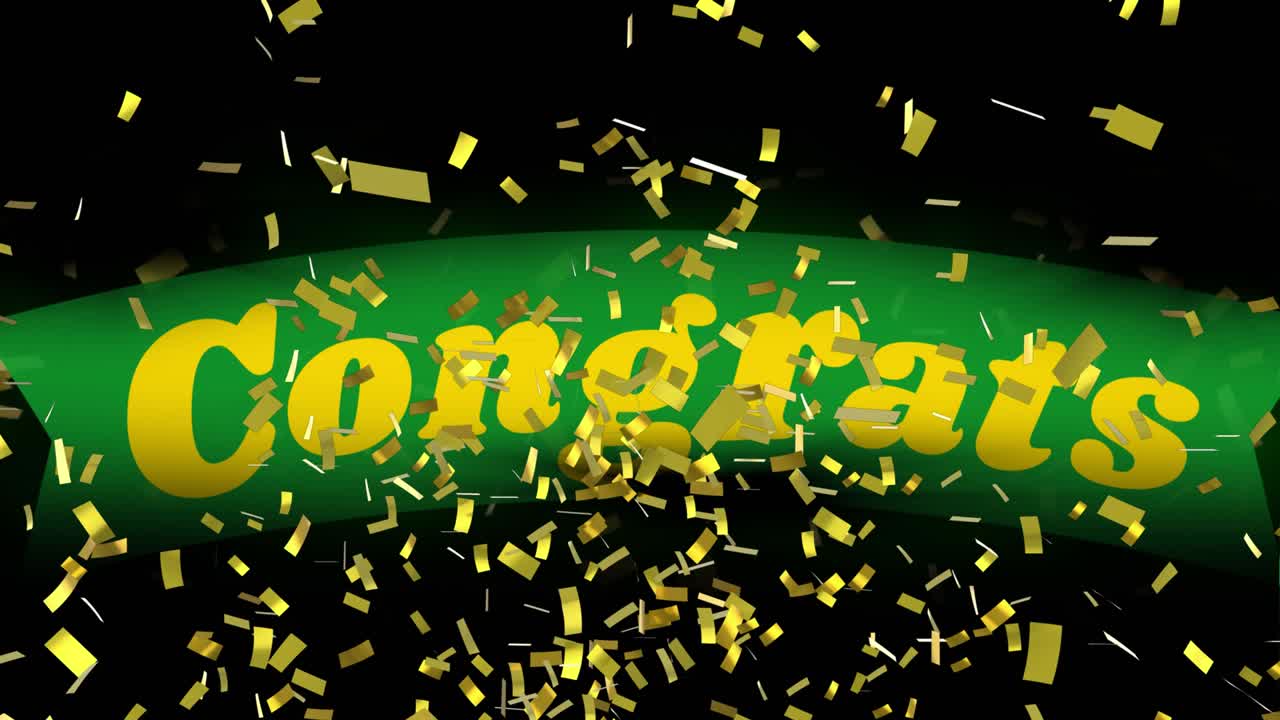 검은 바탕의 콘페티 위에 축하 텍스트의 애니메이션