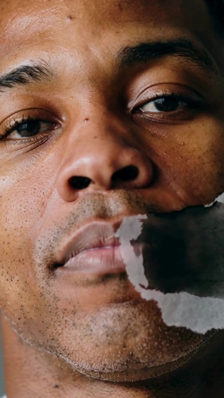 Vídeo vertical: Papel rasgado deslizando revelando o rosto de um homem adulto em close-up, com tinta escura