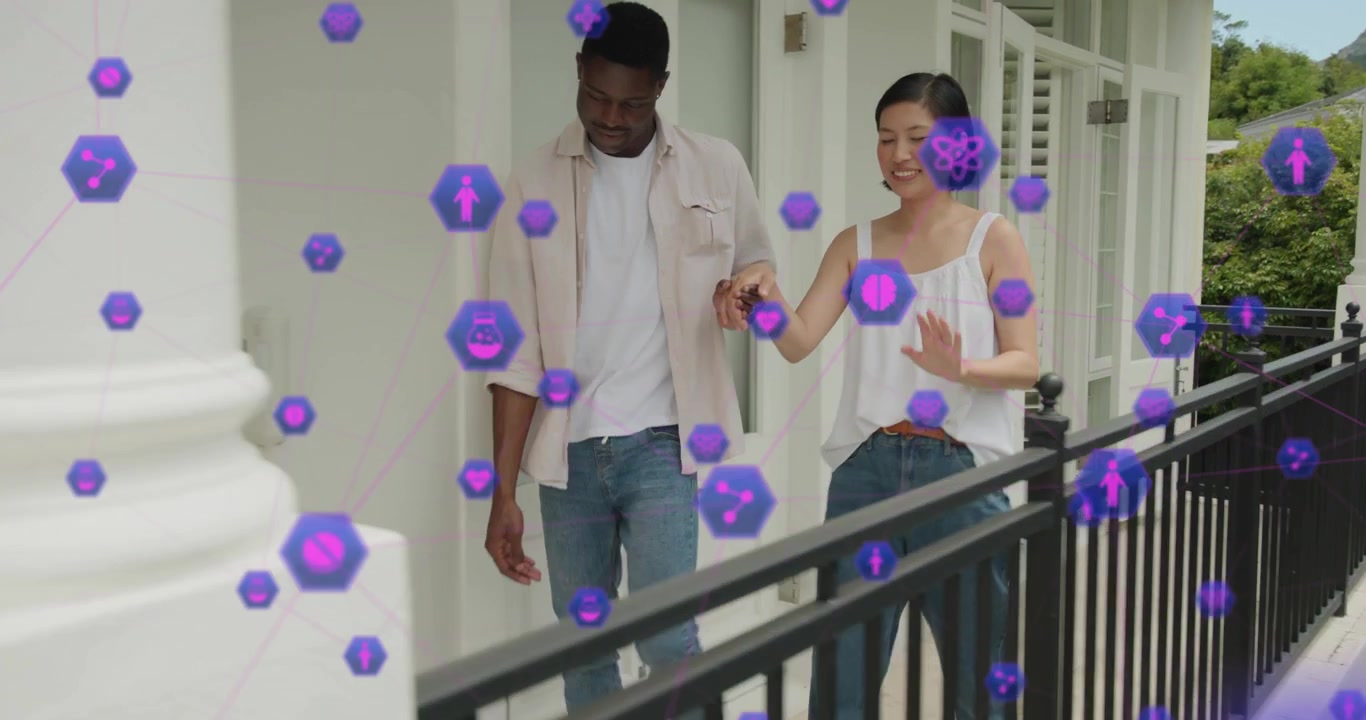 Man opening shutters greeting woman as animated purple icons guiding wearable tech adjustment