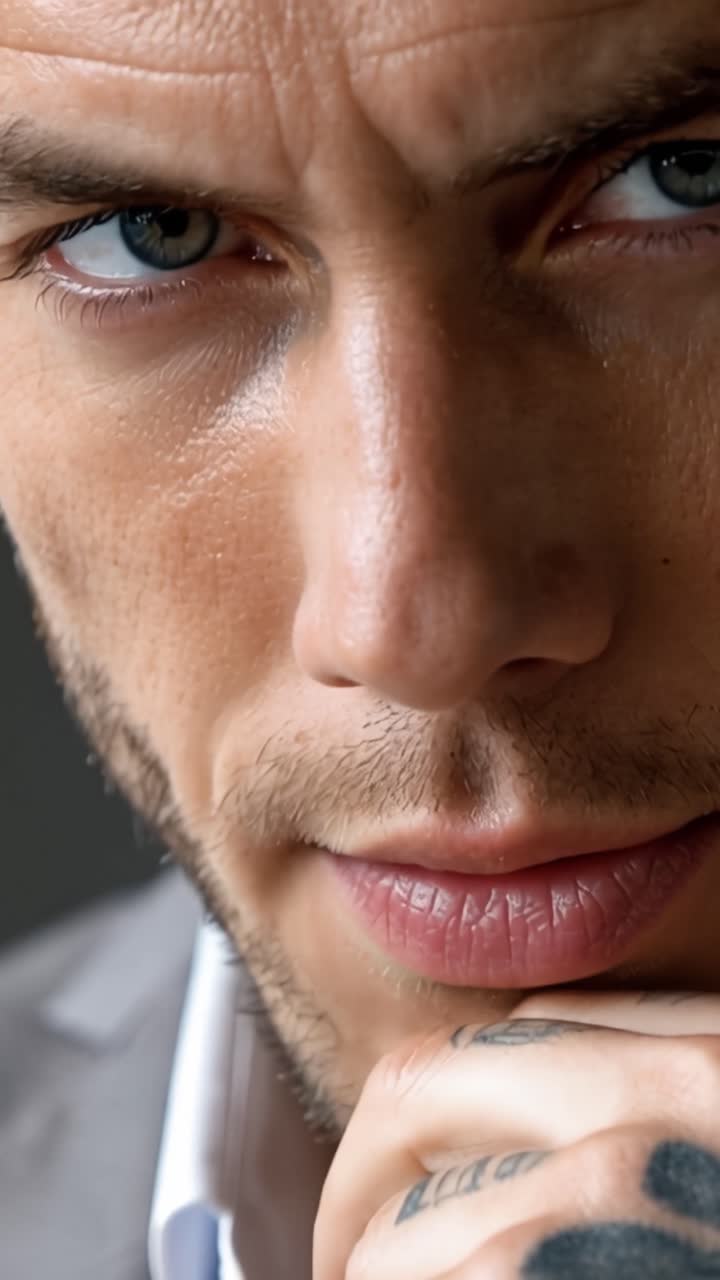 Occhi blu incontrano la telecamera con intensità. Collo e mano tatuati incorniciano un'espressione seria. Lo sguardo pensieroso suggerisce una tranquilla contemplazione. Ideale per contesti editoriali o di moda.