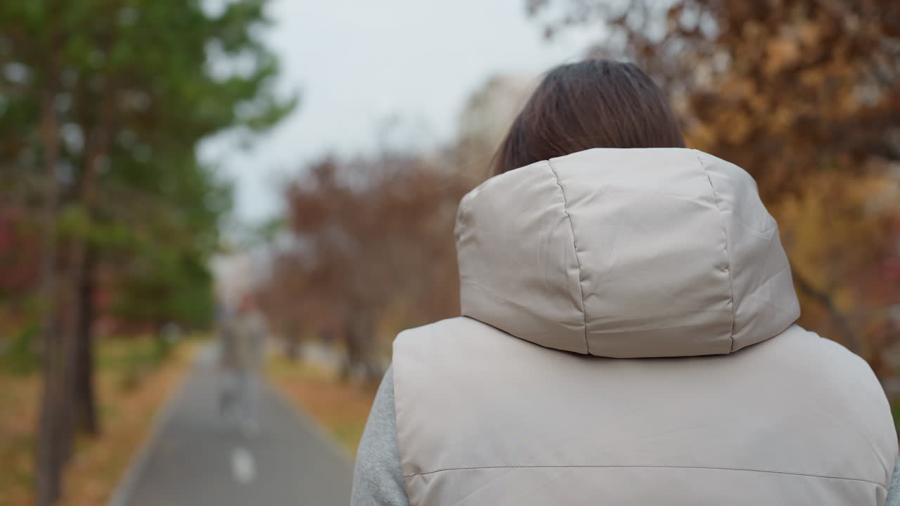 Rear view of lady in hoodie jacket walking along peaceful tree-lined path with autumn leaves as blur figure approaches from distance on road with soft breeze moving branches in calm outdoor setting